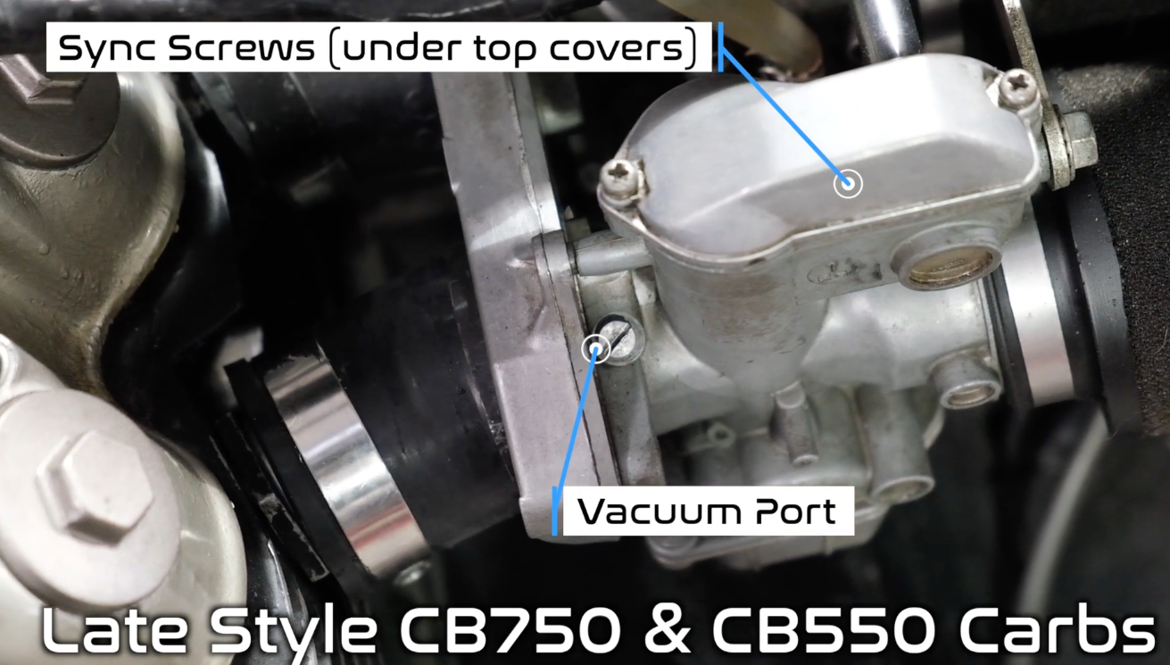 1977 1978 CB750K CB750F CB550K PD carburetor Vacuum Port and synchronization screw carburetor location common motor.png